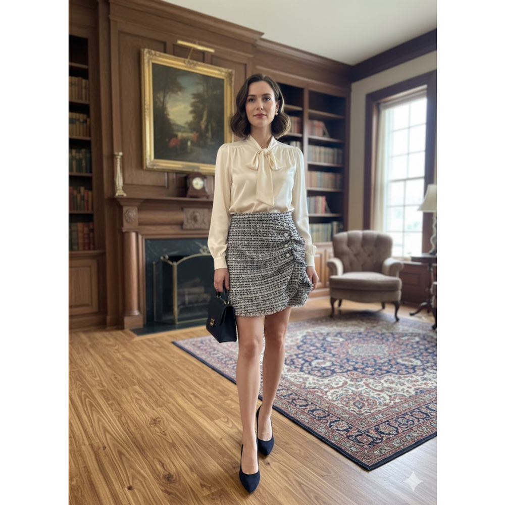 Tweed Mini Skirt Blue Silver Metallic Pearl Button Detail